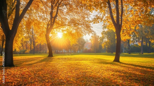 A stunning autumn landscape with trees ablaze in yellow and orange leaves, illuminated by the soft light of a late afternoon sun.