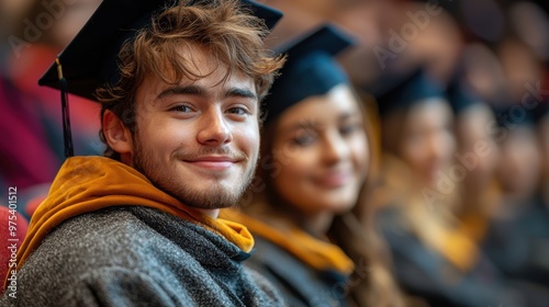 Graduation ceremony capturing proud students in caps and gowns, celebrating their academic achievements in a large auditorium