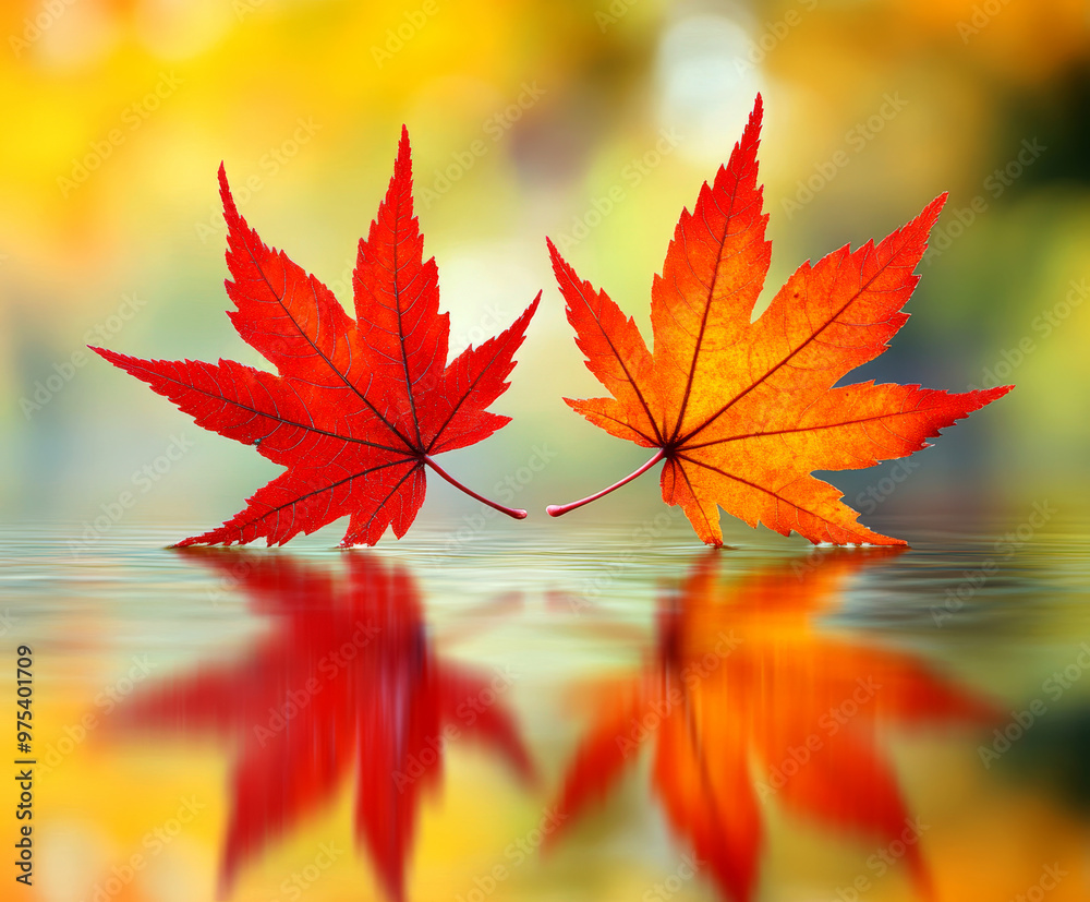 Red maple leaves floating on water. AI generative. Red maple leaves floating on water. AI generative.