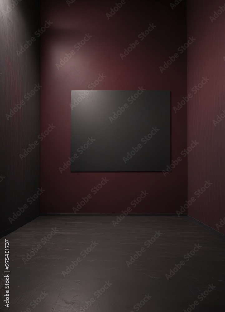 A dark room with a large black rectangular canvas hanging on the wall, illuminated by a single light source on the left side. A dark room with a large black rectangular canvas hanging on the wall, illuminated by a single light source on the left side.