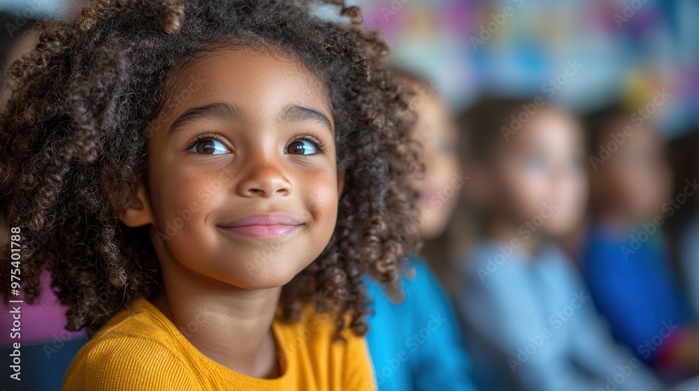 A young girl with curly hair smiles while attending a classroom event with classmates in a colorful learning environment A young girl with curly hair smiles while attending a classroom event with classmates in a colorful learning environment