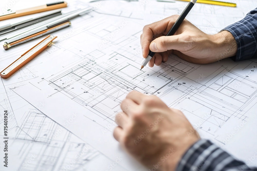 An attentive designer skillfully employs precision instruments to create detailed plans that embody contemporary aesthetics in a bright workspace. An attentive designer skillfully employs precision instruments to create detailed plans that embody contemporary aesthetics in a bright workspace.