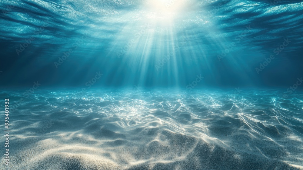 Empty underwater scene of the seabed with soft sand, beneath a calm, blue tropical ocean, illuminated by bright sunlight from above. Empty underwater scene of the seabed with soft sand, beneath a calm, blue tropical ocean, illuminated by bright sunlight from above.