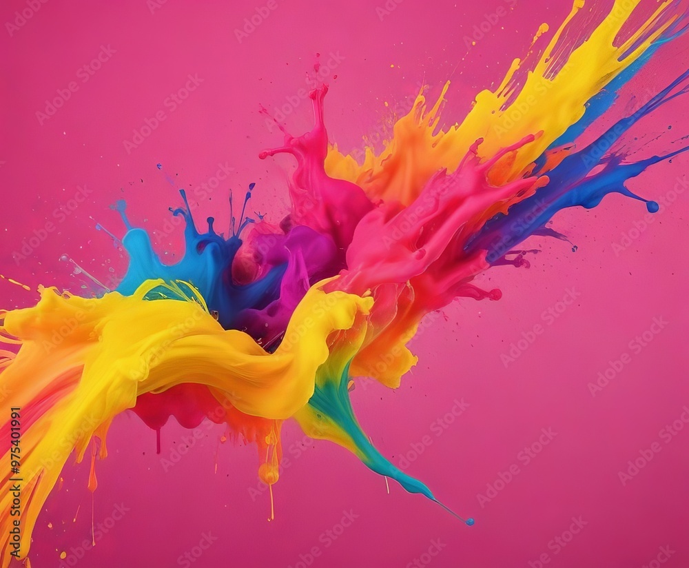 Obraz premium a vibrant splash of paint in various colors, including yellow, blue, pink, and purple, against a solid pink background.