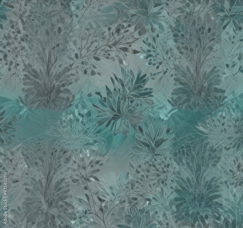 a repeating pattern of abstract, stylized leaves and branches in shades of blue and green, creating a sense of depth and movement.