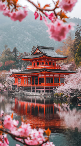 A serene Japanese Shinto temple stands gracefully by tranquil lake, surrounded by vibrant cherry blossoms. reflection in water enhances beauty of this picturesque scene