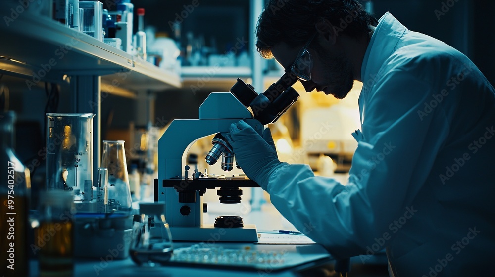 A researcher analyzes a microscopic antigen in a cutting-edge laboratory, revealing the complexities of cellular biology.