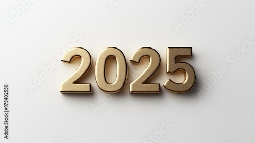 Golden 2025 number on a white background representing the new year, future, and upcoming events.