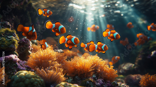 clownfish swimming underwater in coral reef. a vibrant group of clownfish swimming through a sunlit coral reef, showcasing the beauty of marine life and underwater ecosystems. perfect for ocean, wildl photo