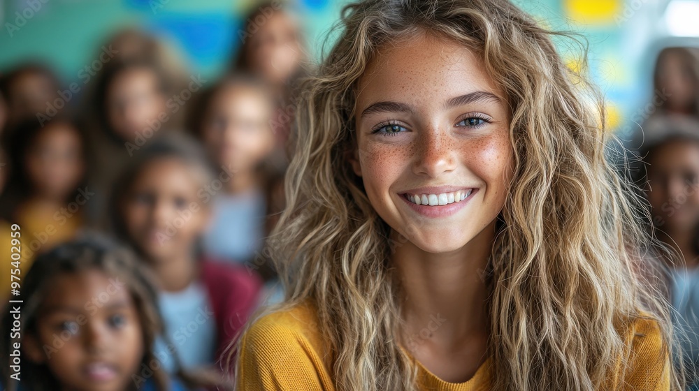 A joyful girl in a yellow sweater smiles brightly in a classroom filled with diverse classmates during a vibrant school day A joyful girl in a yellow sweater smiles brightly in a classroom filled with diverse classmates during a vibrant school day