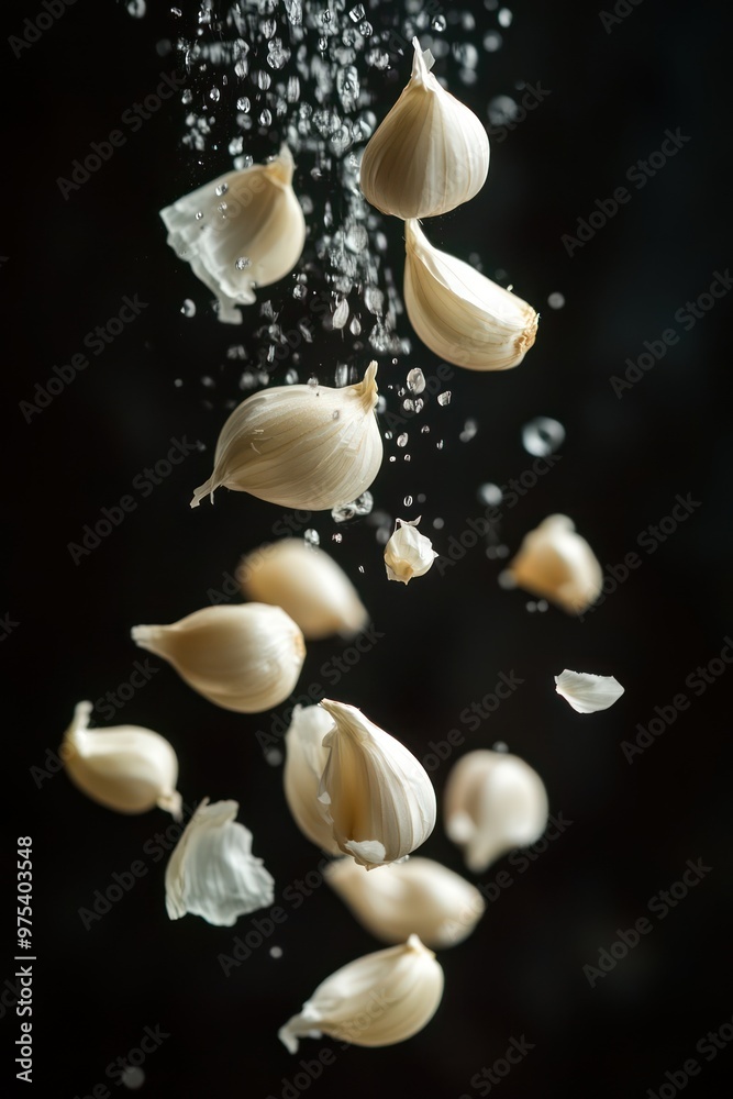 Falling garlic, isolated on dark background Falling garlic, isolated on dark background