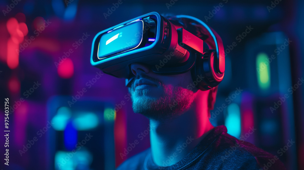 VR headset player fully immersed in a virtual reality game VR headset player fully immersed in a virtual reality game