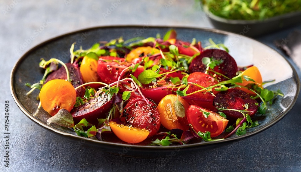 Vibrant Harvest Salad with Heirloom Tomatoes, Roasted Beets, and Microgreens Vibrant Harvest Salad with Heirloom Tomatoes, Roasted Beets, and Microgreens