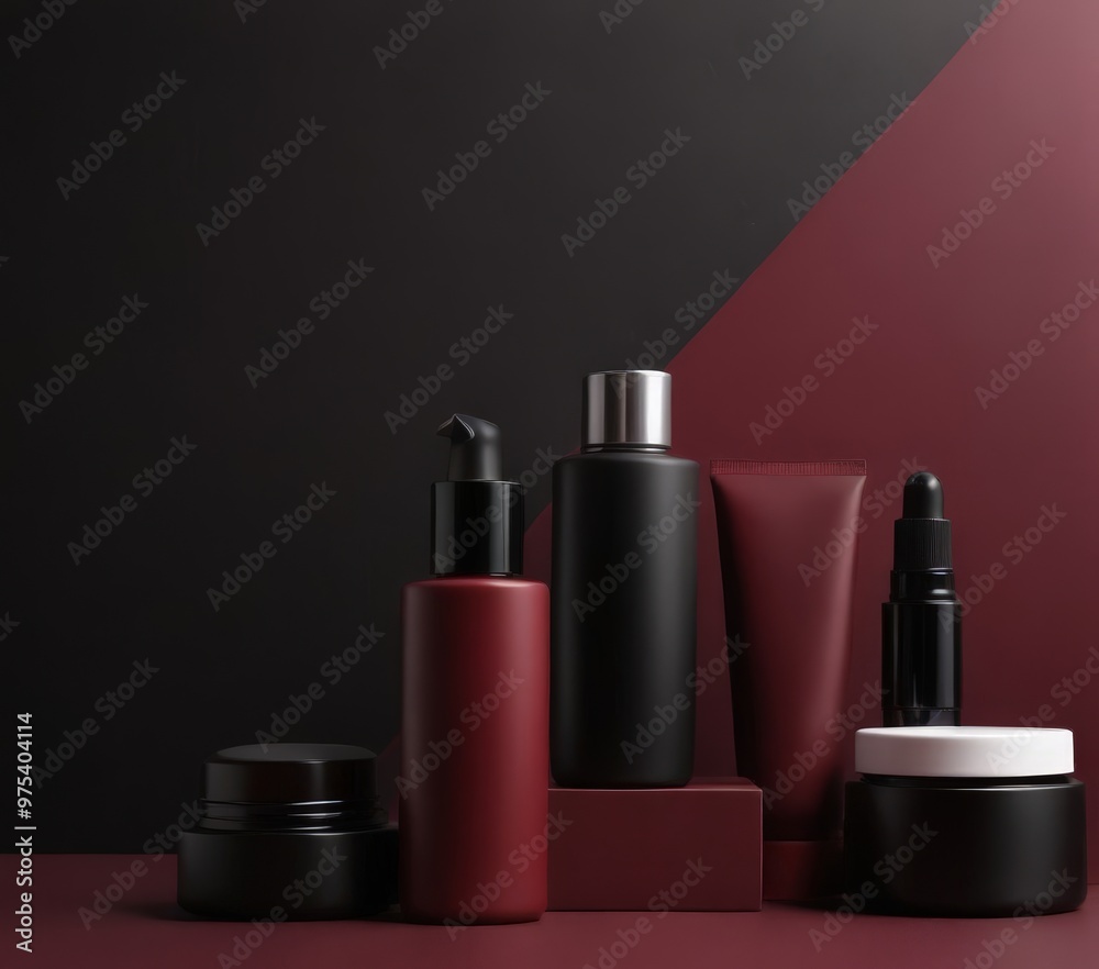 A collection of five cosmetic products, including a red pump, a black bottle, a black tube, a black jar, and a white jar, arranged on a maroon background. A collection of five cosmetic products, including a red pump, a black bottle, a black tube, a black jar, and a white jar, arranged on a maroon background.