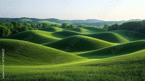 Rolling Green Hills Under Sunlight. Beautiful green rolling hills bathed in sunlight, creating a peaceful and serene landscape.