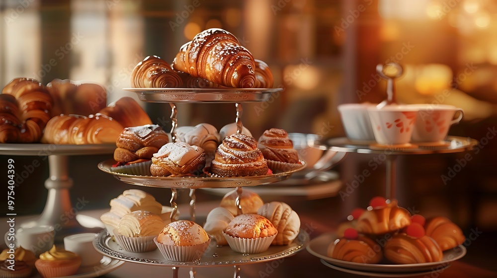 Stunning photorealistic image showcasing a refined selection of croissants danishes and muffins on an elegant tiered stand set against a soft focus background of a cozy cafe Stunning photorealistic image showcasing a refined selection of croissants danishes and muffins on an elegant tiered stand set against a soft focus background of a cozy cafe