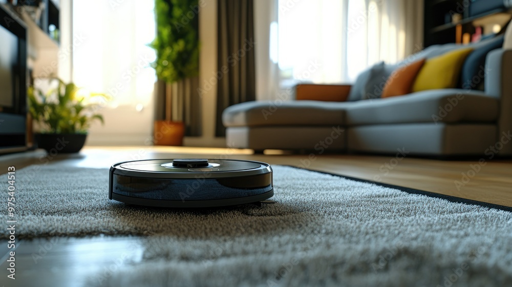 A vacuum cleaner robot navigating a clean, bright living room, gliding over a soft carpet under a cozy couch. A vacuum cleaner robot navigating a clean, bright living room, gliding over a soft carpet under a cozy couch.