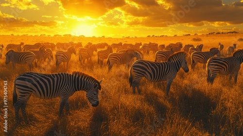 A vibrant herd of zebras grazing in the African savannah at sunset, with a golden sky in the background.