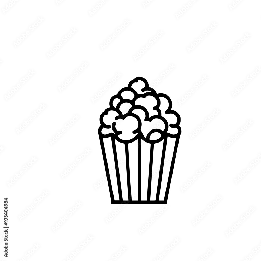 Stylish vector line drawing of a popcorn container with vertical stripes and popcorn depicted as a cluster of rounded shapes on top. Suitable for themes related to snacks, movies, or food iconography. Stylish vector line drawing of a popcorn container with vertical stripes and popcorn depicted as a cluster of rounded shapes on top. Suitable for themes related to snacks, movies, or food iconography.