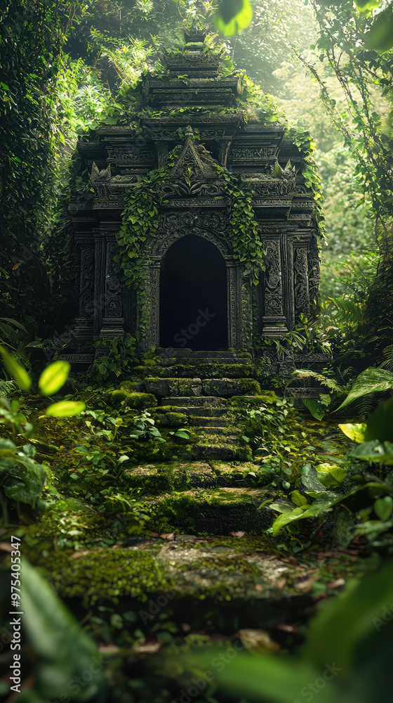 A small hidden temple deep in forest, covered with lush greenery and intricate carvings, evokes sense of mystery and tranquility. serene atmosphere invites exploration and reflection A small hidden temple deep in forest, covered with lush greenery and intricate carvings, evokes sense of mystery and tranquility. serene atmosphere invites exploration and reflection