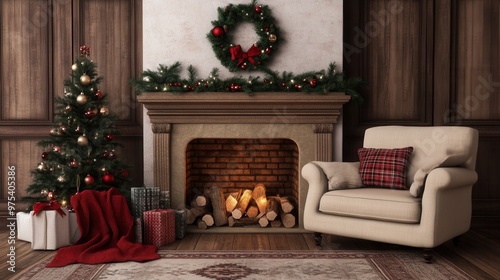 Cozy winter scene with a fireplace and holiday decorations with warm, inviting tones