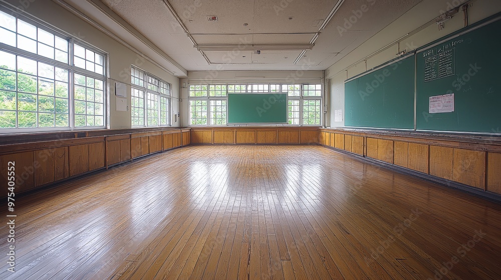Bright, spacious classroom with large windows and wooden flooring, ideal for learning and creativity during daylight hours Bright, spacious classroom with large windows and wooden flooring, ideal for learning and creativity during daylight hours