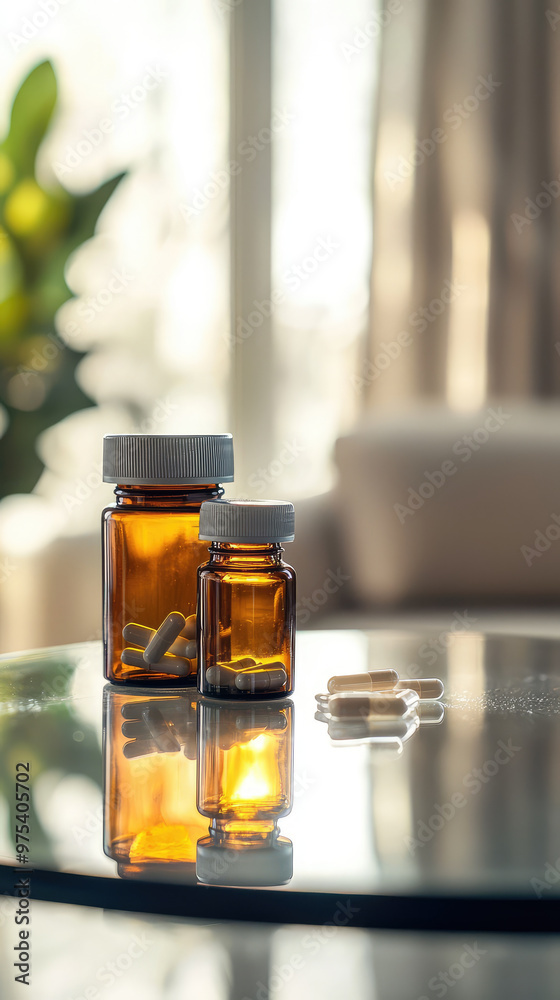 A stack of prescription bottles next to single pill reflects serene atmosphere. warm amber glass contrasts beautifully with soft background, evoking sense of calm and health A stack of prescription bottles next to single pill reflects serene atmosphere. warm amber glass contrasts beautifully with soft background, evoking sense of calm and health