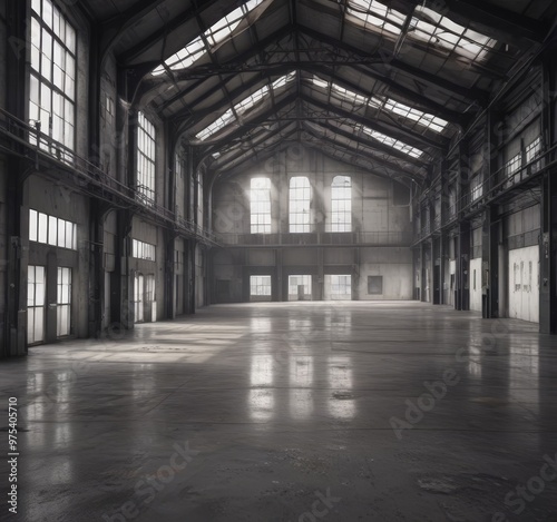 a large, empty industrial warehouse with high ceilings, large windows, and a high-angle view of the expansive space.