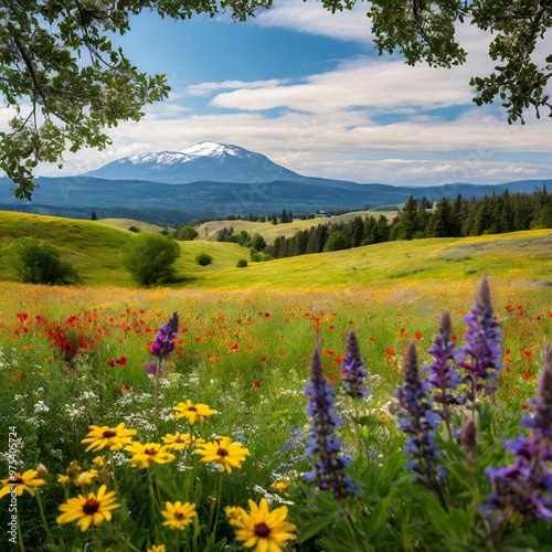 Vibrant Wildflowers Blooming in Open Meadow, Framing a Picturesque Landscape