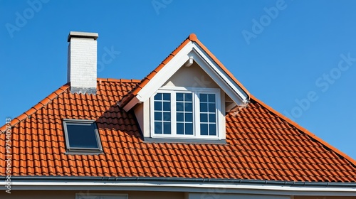 A zoomed-in shot of a classic house with a red tile roof and a white-framed dormer window, set against a cloudless blue sky.