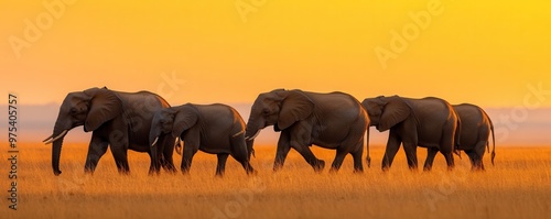 A herd of elephants walking across the African savannah during golden hour