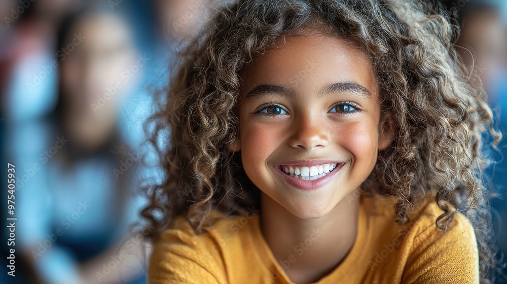 Bright smiling girl with curly hair in a cozy indoor setting during a gathering, showcasing joy and warmth in her expression Bright smiling girl with curly hair in a cozy indoor setting during a gathering, showcasing joy and warmth in her expression