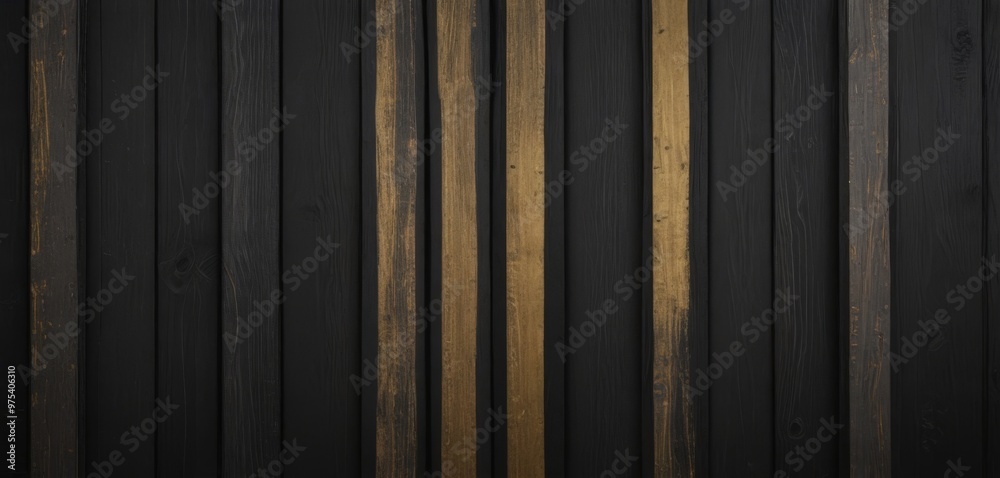 A close-up view of a dark wooden surface with vertical wooden planks, some of which are painted gold. A close-up view of a dark wooden surface with vertical wooden planks, some of which are painted gold.