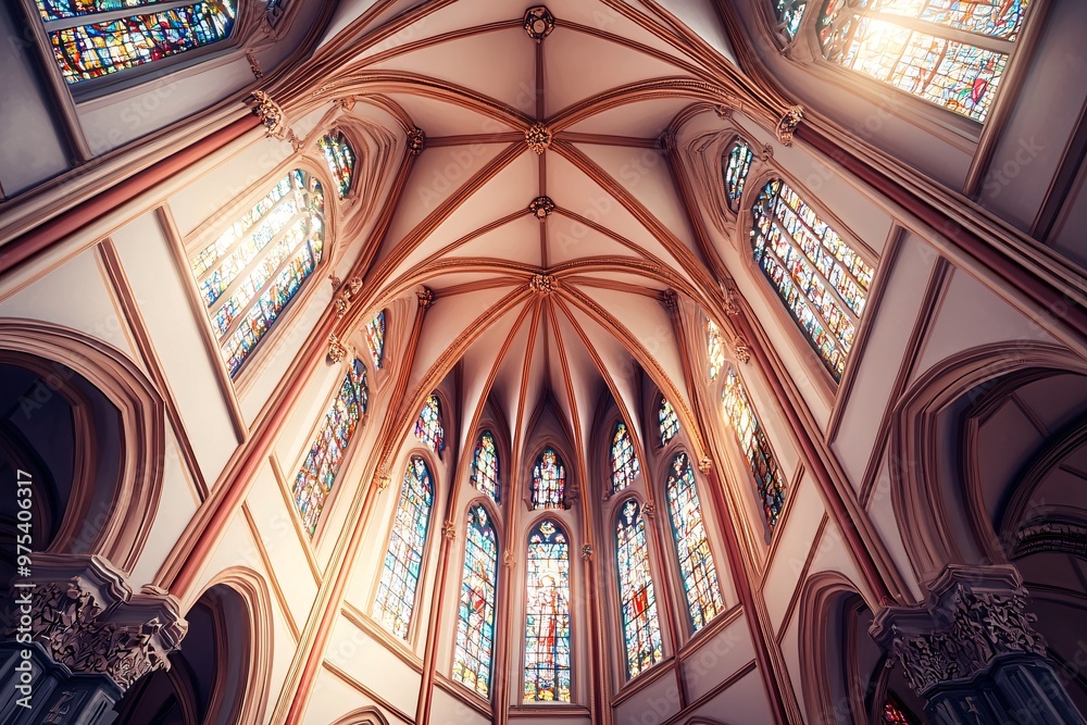 Obraz premium An ornate sanctuary rises gracefully against a bright sky, with its elaborate features and colorful glass casting radiant reflections.