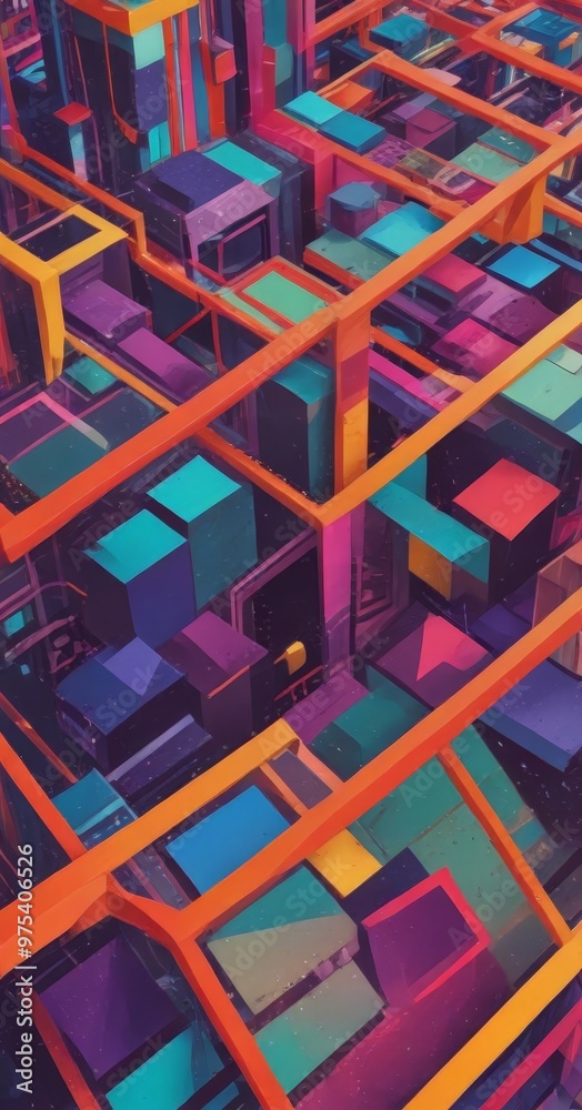 The image is a digital illustration featuring a complex network of intersecting lines and geometric shapes in a vibrant color palette, creating a visually striking and The image is a digital illustration featuring a complex network of intersecting lines and geometric shapes in a vibrant color palette, creating a visually striking and