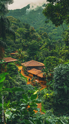 A traditional cacao farm nestled in tropical jungle, surrounded by lush greenery and towering mountains. serene atmosphere invites exploration and appreciation of natures beauty