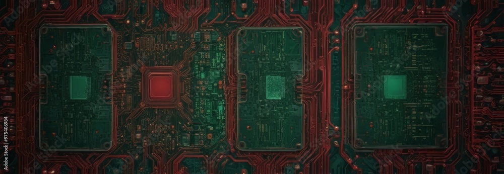 a close-up view of a circuit board with three green squares and a red square in the center, surrounded by a complex network of red and green electronic components. a close-up view of a circuit board with three green squares and a red square in the center, surrounded by a complex network of red and green electronic components.