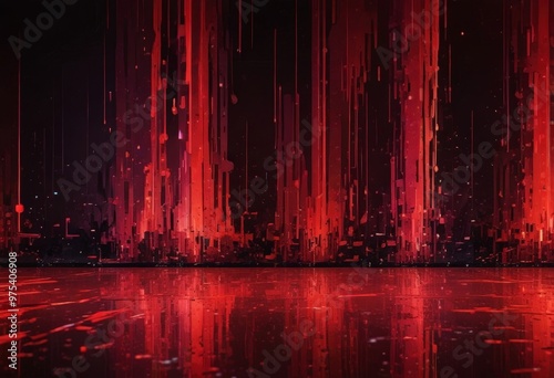 a cityscape with tall, vertical structures in a dark red color, creating a striking visual effect. The buildings are reflected in a body of water, adding depth and a sense