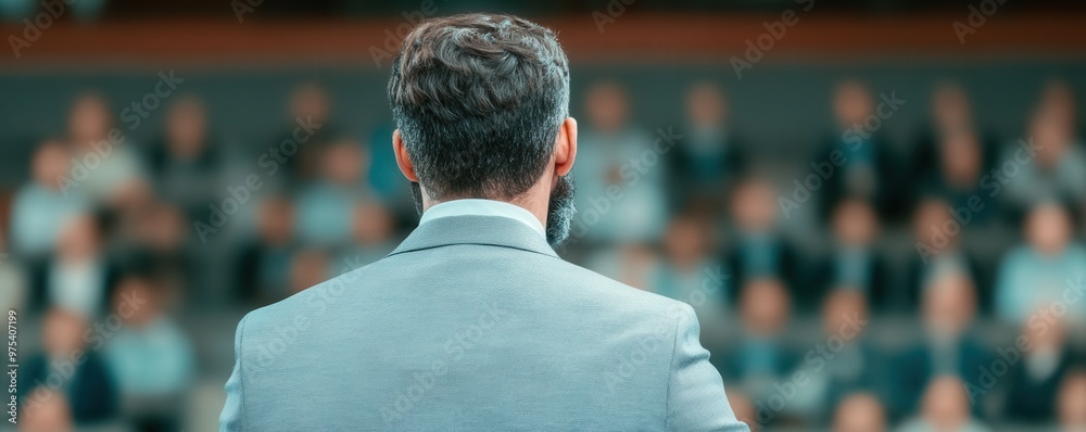 © Whitecatz - A confident entrepreneur presenting a pitch to investors, with a blurred audience background