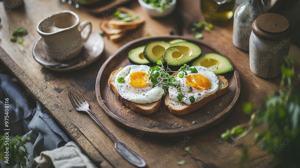 A rustic breakfast table with poached eggs on sourdough toast, garnished with microgreens and avocado slices, soft natural lighting, cozy morning scene A rustic breakfast table with poached eggs on sourdough toast, garnished with microgreens and avocado slices, soft natural lighting, cozy morning scene