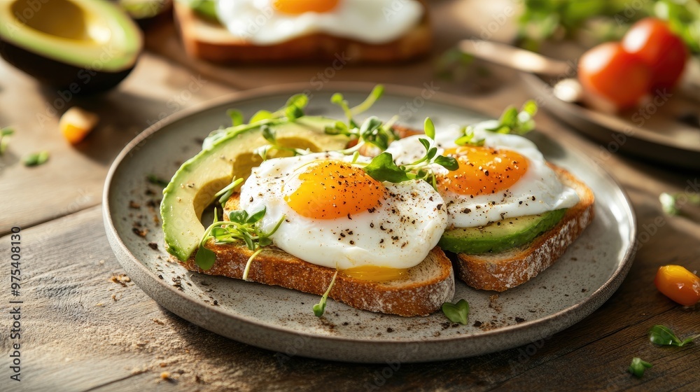 A rustic breakfast table with poached eggs on sourdough toast, garnished with microgreens and avocado slices, soft natural lighting, cozy morning scene A rustic breakfast table with poached eggs on sourdough toast, garnished with microgreens and avocado slices, soft natural lighting, cozy morning scene