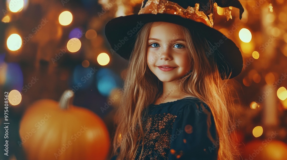 A young girl in a witch costume looks thoughtfully at the glowing bokeh lights in a dark, moody autumn setting, creating a magical Halloween atmosphere. A young girl in a witch costume looks thoughtfully at the glowing bokeh lights in a dark, moody autumn setting, creating a magical Halloween atmosphere.