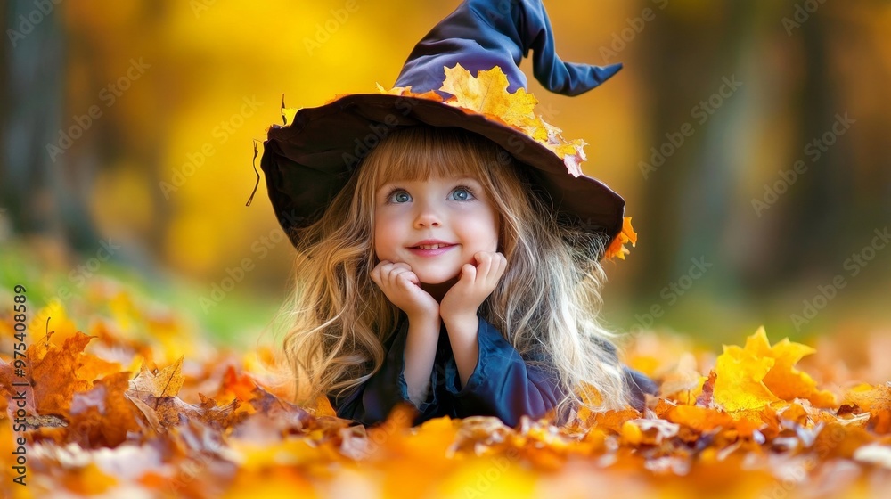 A smiling child in a witch costume lies on colorful autumn leaves, enjoying a sunny fall day in a festive Halloween setting. A smiling child in a witch costume lies on colorful autumn leaves, enjoying a sunny fall day in a festive Halloween setting.