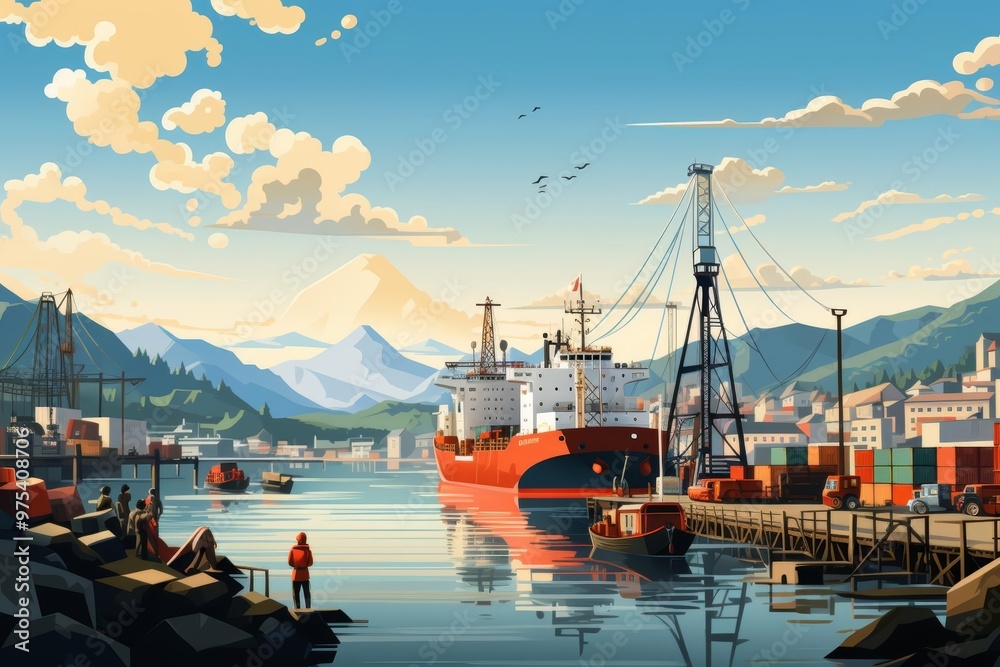 Obraz premium A bustling harbor with boats and sailors, cargo being loaded and unloaded in this busy maritime background illustration