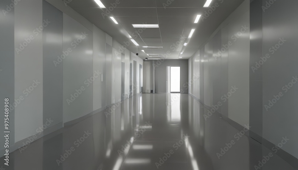 A long, dimly lit corridor with a polished, reflective floor and white walls, featuring a single door at the end.
