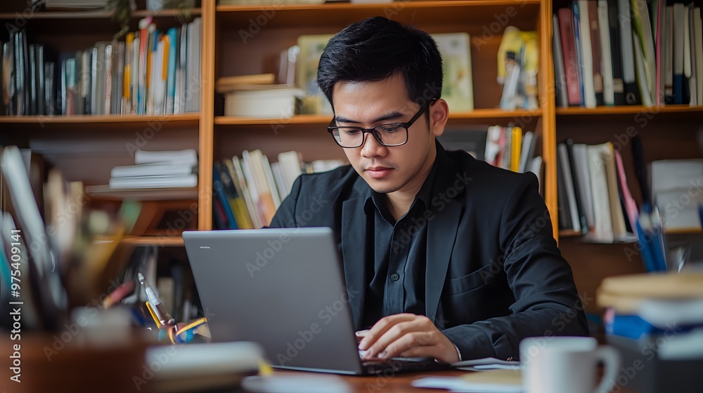 Young Man in a Suit Working on a Laptop at a Desk with Bookshelves in the Background Young Man in a Suit Working on a Laptop at a Desk with Bookshelves in the Background