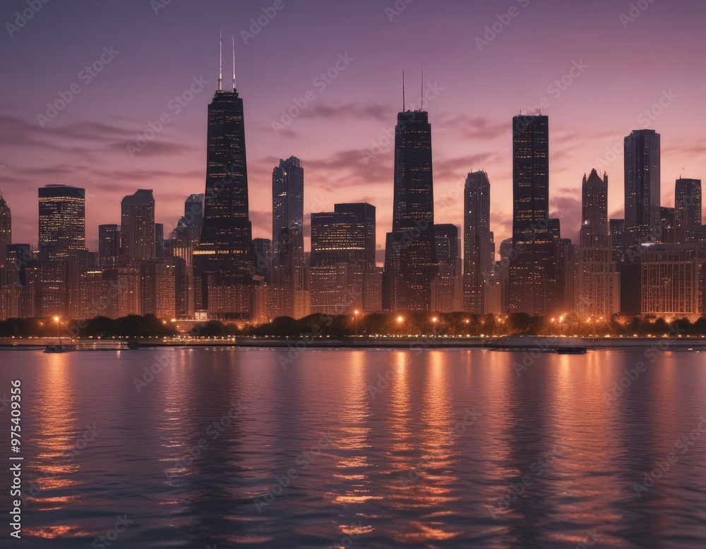 Obraz premium The Chicago skyline at dusk, featuring the illuminated skyscrapers of the downtown area reflected in the calm waters of the Chicago River.