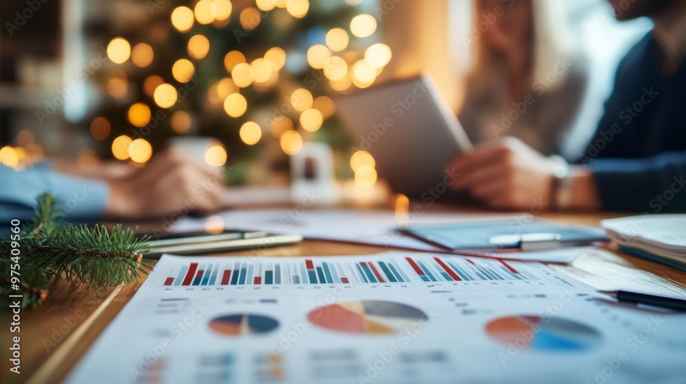 A businessman working on a laptop while analyzing charts at a desk, with a festive Christmas tree and decorations in the background. A businessman working on a laptop while analyzing charts at a desk, with a festive Christmas tree and decorations in the background.