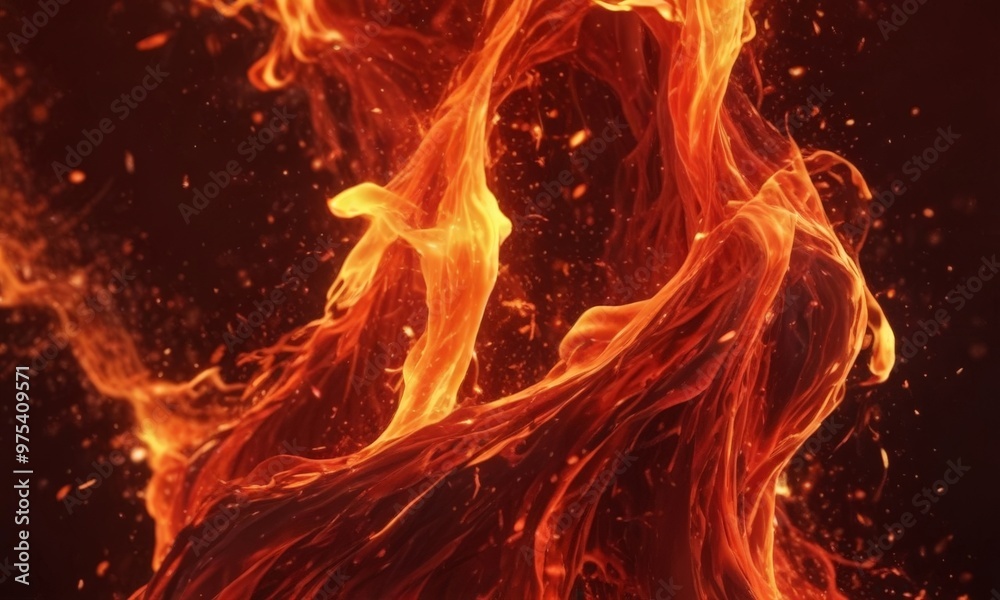 Fototapeta premium a close-up view of a fiery, swirling flame with intense orange and red hues, accompanied by small sparks and embers.