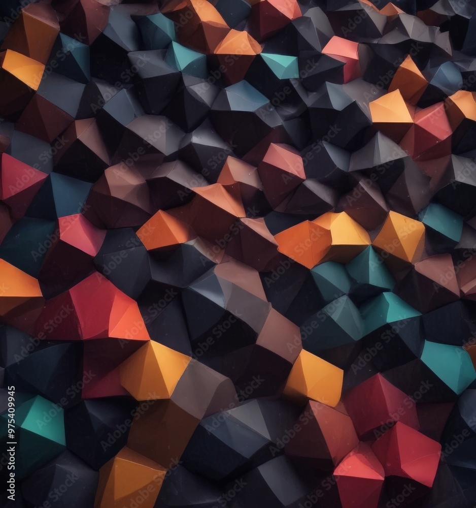 The image is a digital illustration featuring a complex arrangement of multicolored, irregularly shaped polyhedra in various shades of orange, red, blue, and green. The image is a digital illustration featuring a complex arrangement of multicolored, irregularly shaped polyhedra in various shades of orange, red, blue, and green.